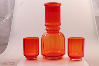 Кувшин с крышкой + 2 стакана / Окрашенное стекло / Рифление / Старинные /  Размеры: 22х11 см (С4222)