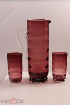 Кувшин + 2 стакана / Окрашенное стекло / Рифление / Старинные /  Размеры: 25х12 см (С4461)